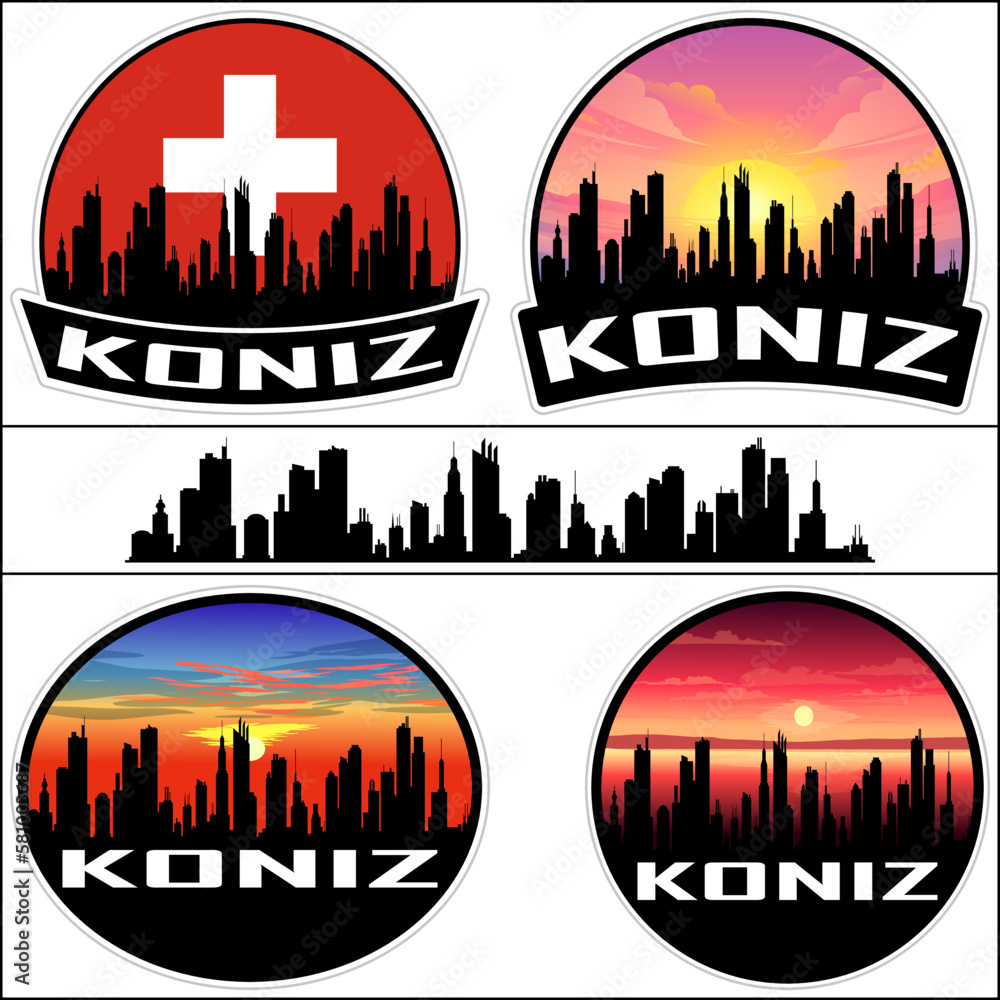 Koniz Skyline Silhouette Switzerland Flag Travel Souvenir Sticker Sunset Background Vector Illustration SVG EPS AI