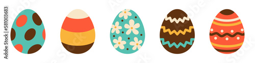 Vector set of easter eggs. Easter collection in flat design. Egg hunt. Eggs with waves, lines, circles and flowers.