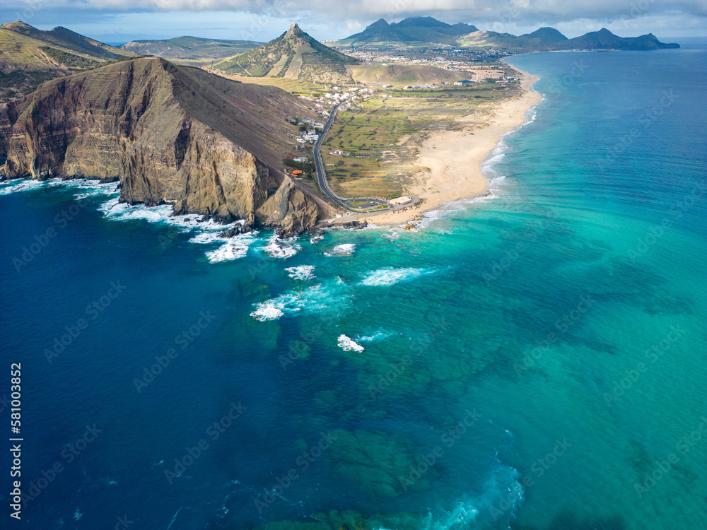 Porto Santo Aerial View. Popular tourist destination in Portugal Island in the Atlantic Ocean. Porto Santo, Madeira, Portugal. Porto Santo Aerial View. Popular tourist destination in Portugal Island in the Atlantic Ocean. Porto Santo, Madeira, Portugal.
