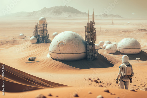Futuristic fantasy image city building on Mars, flying ships with astronaut, colonization of Mars red planet, new life,  Autonomous life on Mars AI Generative photo