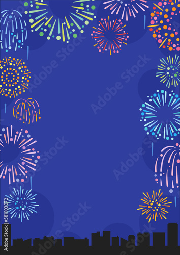 イラストフレーム　ビル群の上の打ち上げ花火.
