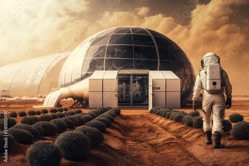 Fototapeta Naklejka Na Ścianę i Meble -  Astronaut growing plant in greenhouse on Mars, futuristic fantasy image, colonization of Mars red planet, new life, Agriculture AI Generative