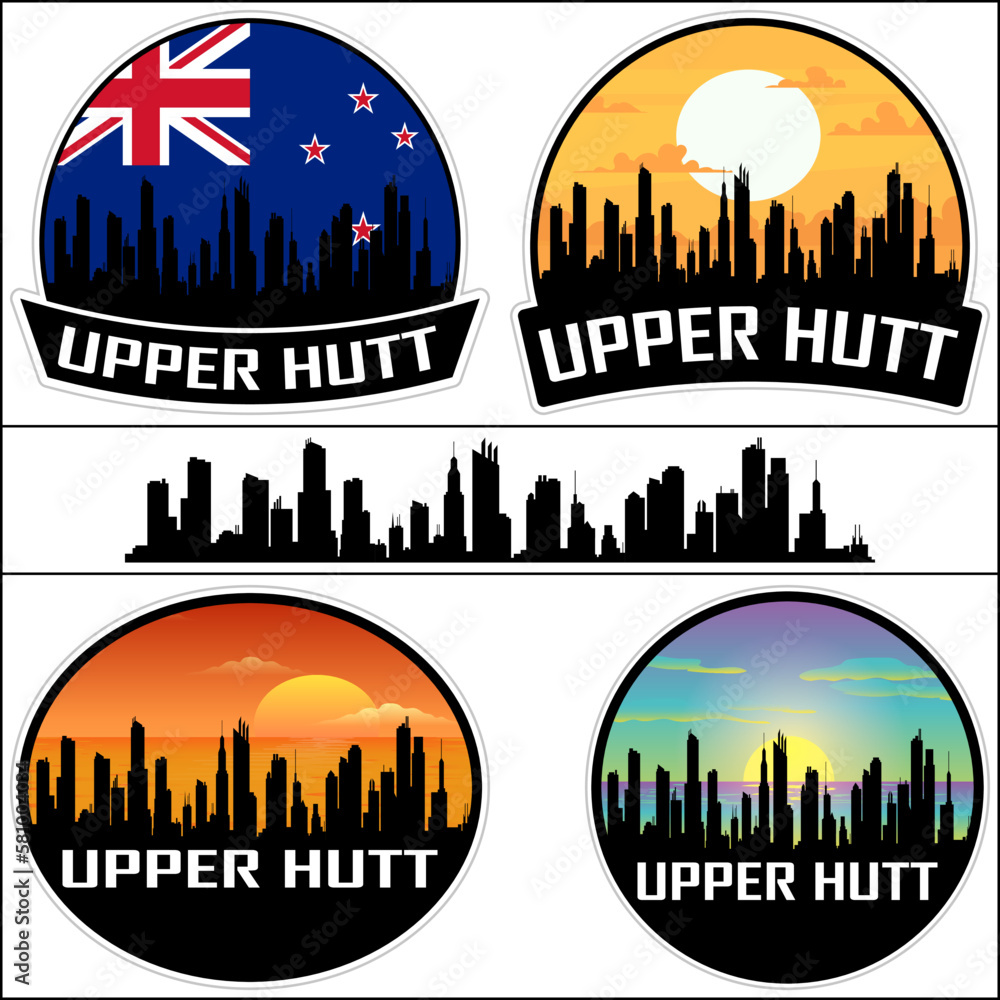 Upper Hutt Skyline Silhouette New Zealand Flag Travel Souvenir Sticker Sunset Background Vector Illustration SVG EPS AI