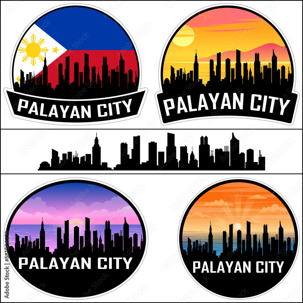 Palayan City Skyline Silhouette Philippines Flag Travel Souvenir Sticker Sunset Background Vector Illustration SVG EPS AI