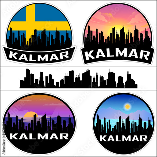 Kalmar Skyline Silhouette Sweden Flag Travel Souvenir Sticker Sunset Background Vector Illustration SVG EPS AI