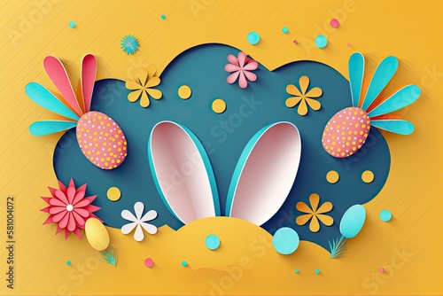paper cut easter eggs  easter festival  colorful easter background and copy space  easter greeting with bunny ears