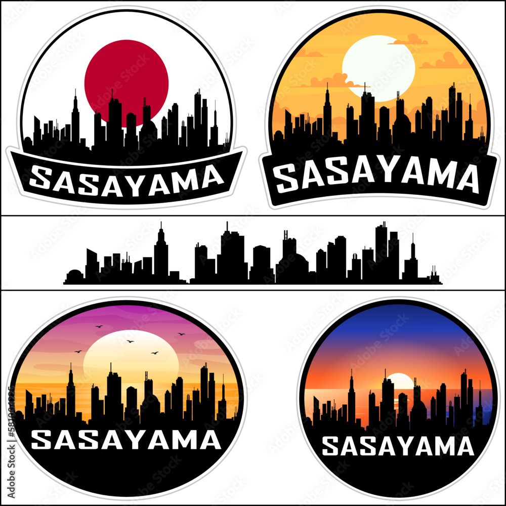 Sasayama Skyline Silhouette Japan Flag Travel Souvenir Sticker Sunset Background Vector Illustration SVG EPS AI