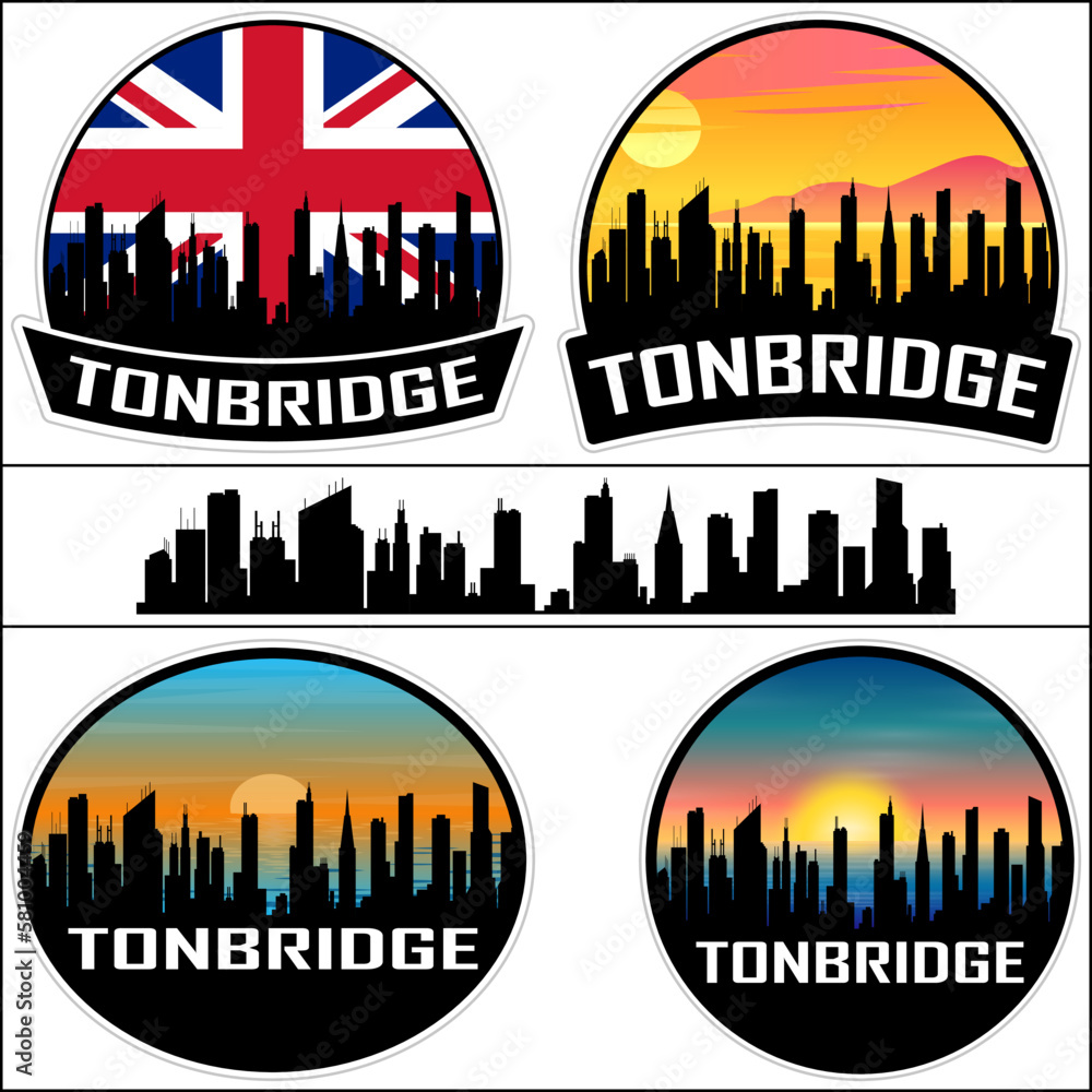 Tonbridge Skyline Silhouette Uk Flag Travel Souvenir Sticker Sunset Background Vector Illustration SVG EPS AI
