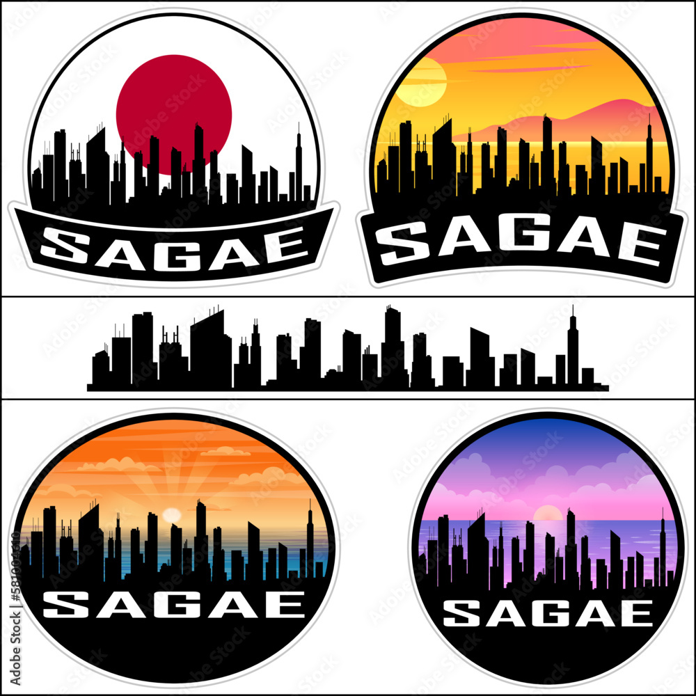 Sagae Skyline Silhouette Japan Flag Travel Souvenir Sticker Sunset Background Vector Illustration SVG EPS AI
