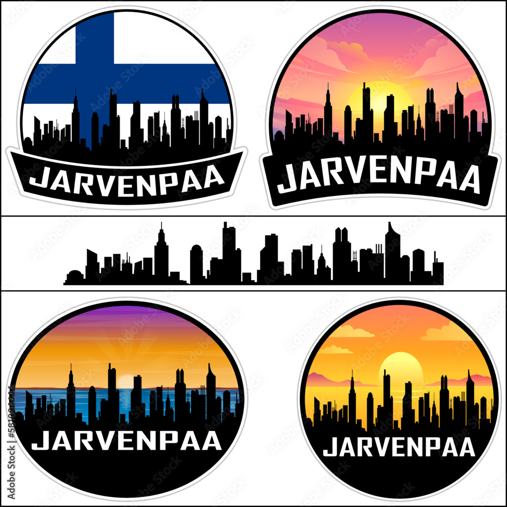 Jarvenpaa Skyline Silhouette Finland Flag Travel Souvenir Sticker Sunset Background Vector Illustration SVG EPS AI