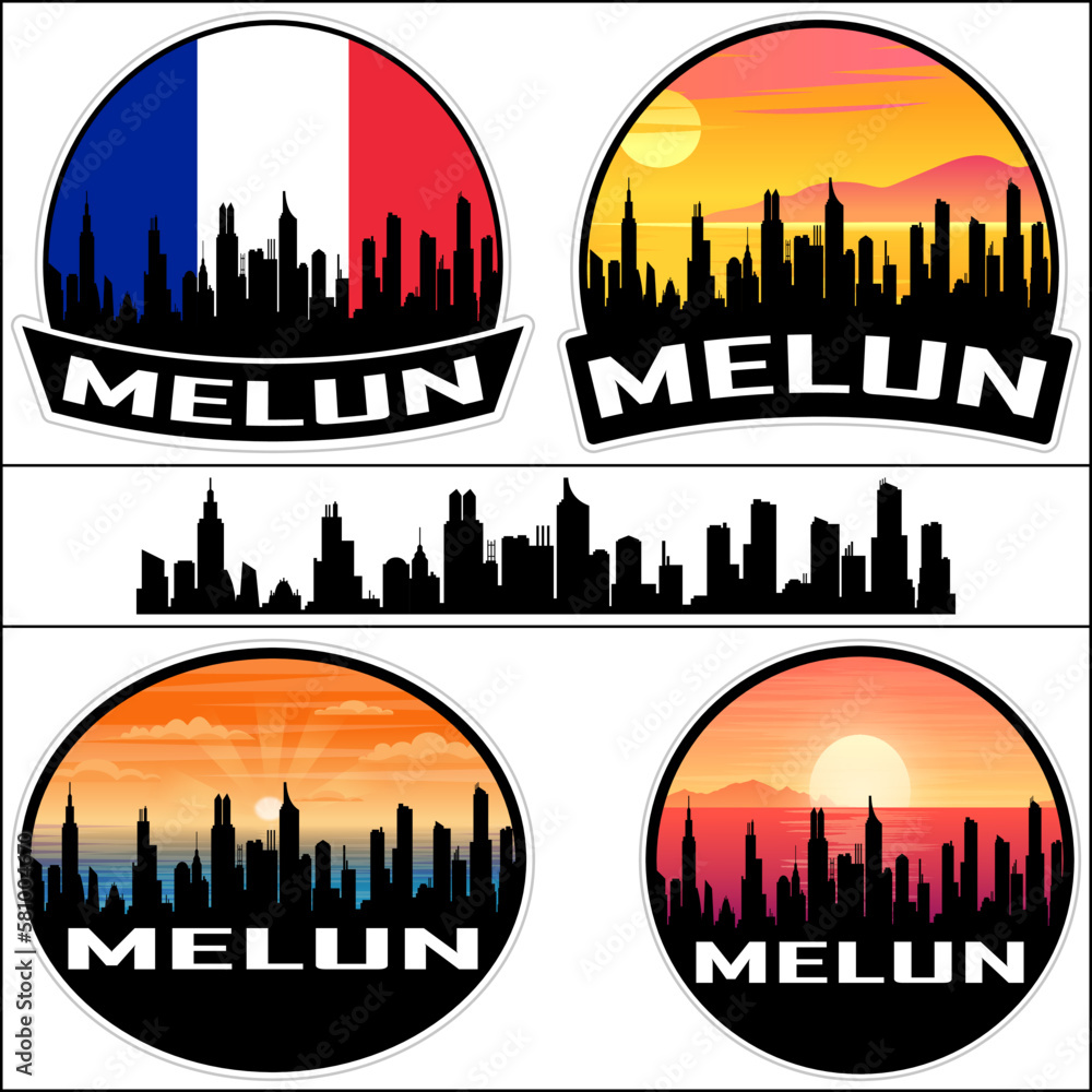 Melun Skyline Silhouette France Flag Travel Souvenir Sticker Sunset Background Vector Illustration SVG EPS AI