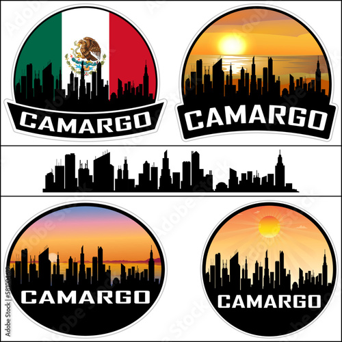 Camargo Skyline Silhouette Mexico Flag Travel Souvenir Sticker Sunset Background Vector Illustration SVG EPS AI photo