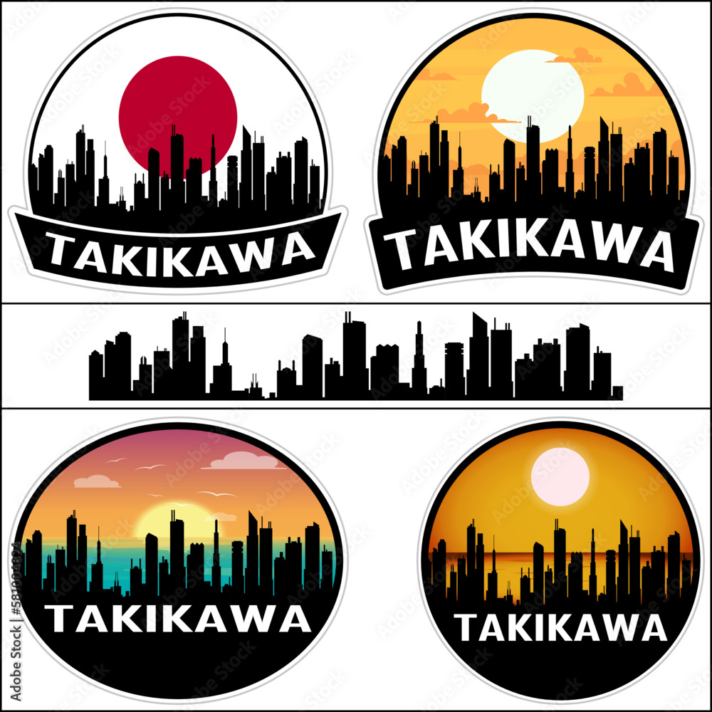 Takikawa Skyline Silhouette Japan Flag Travel Souvenir Sticker Sunset Background Vector Illustration SVG EPS AI