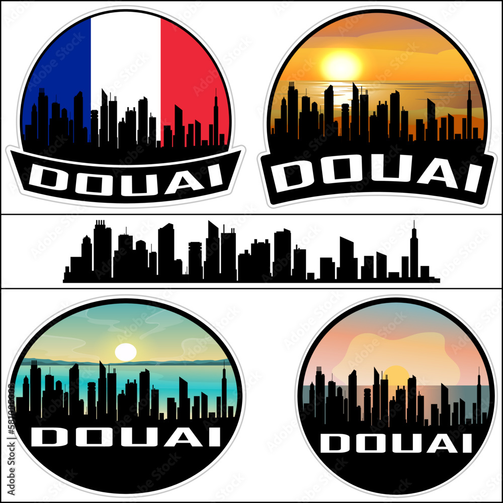 Douai Skyline Silhouette France Flag Travel Souvenir Sticker Sunset Background Vector Illustration SVG EPS AI