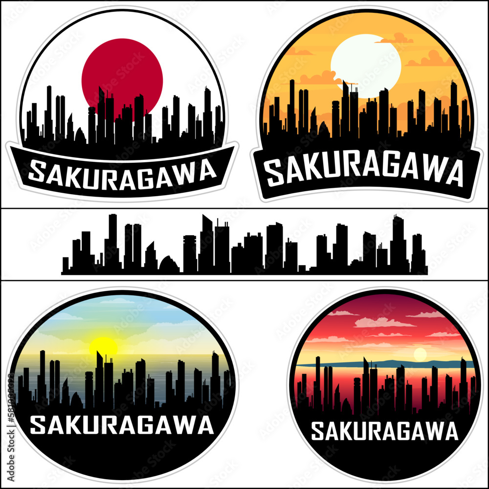 Sakuragawa Skyline Silhouette Japan Flag Travel Souvenir Sticker Sunset Background Vector Illustration SVG EPS AI