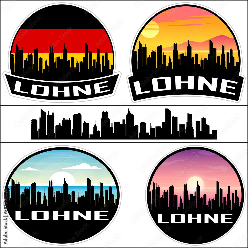 Lohne Skyline Silhouette Germany Flag Travel Souvenir Sticker Sunset Background Vector Illustration SVG EPS AI