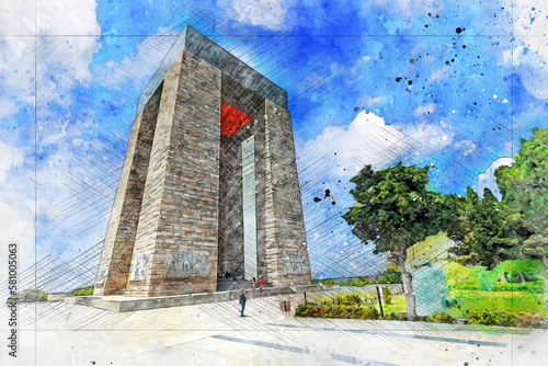 Artistic watercolor drawing of Çanakkale Monument and martyrdoms.