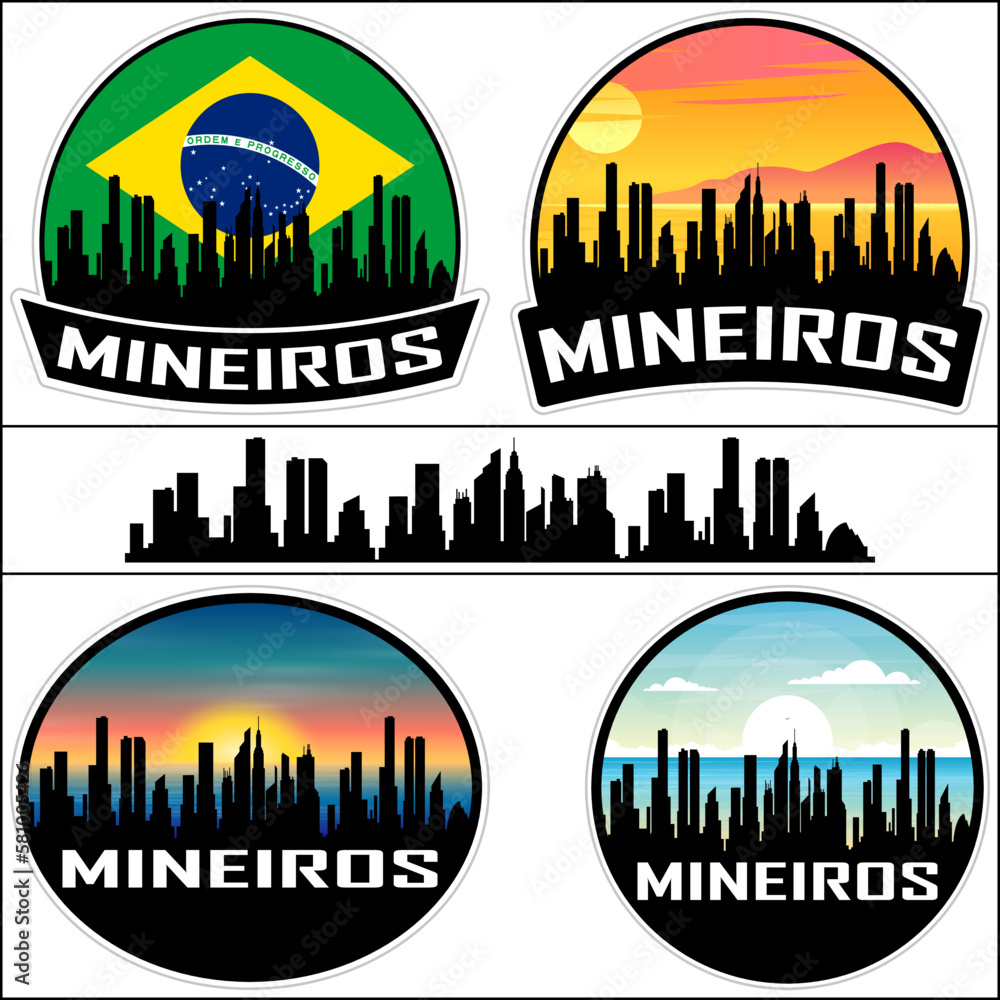 Mineiros Skyline Silhouette Brazil Flag Travel Souvenir Sticker Sunset Background Vector Illustration SVG EPS AI