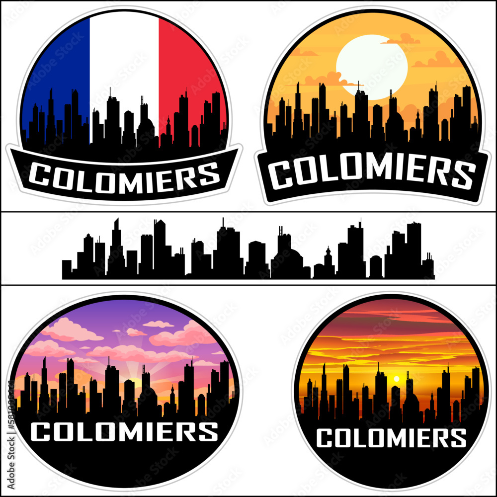 Colomiers Skyline Silhouette France Flag Travel Souvenir Sticker Sunset Background Vector Illustration SVG EPS AI