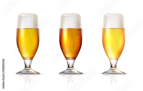 3d realistic vector icon illustration. Set of beer mugs with foam, dark, gold and light. isolated on white background.