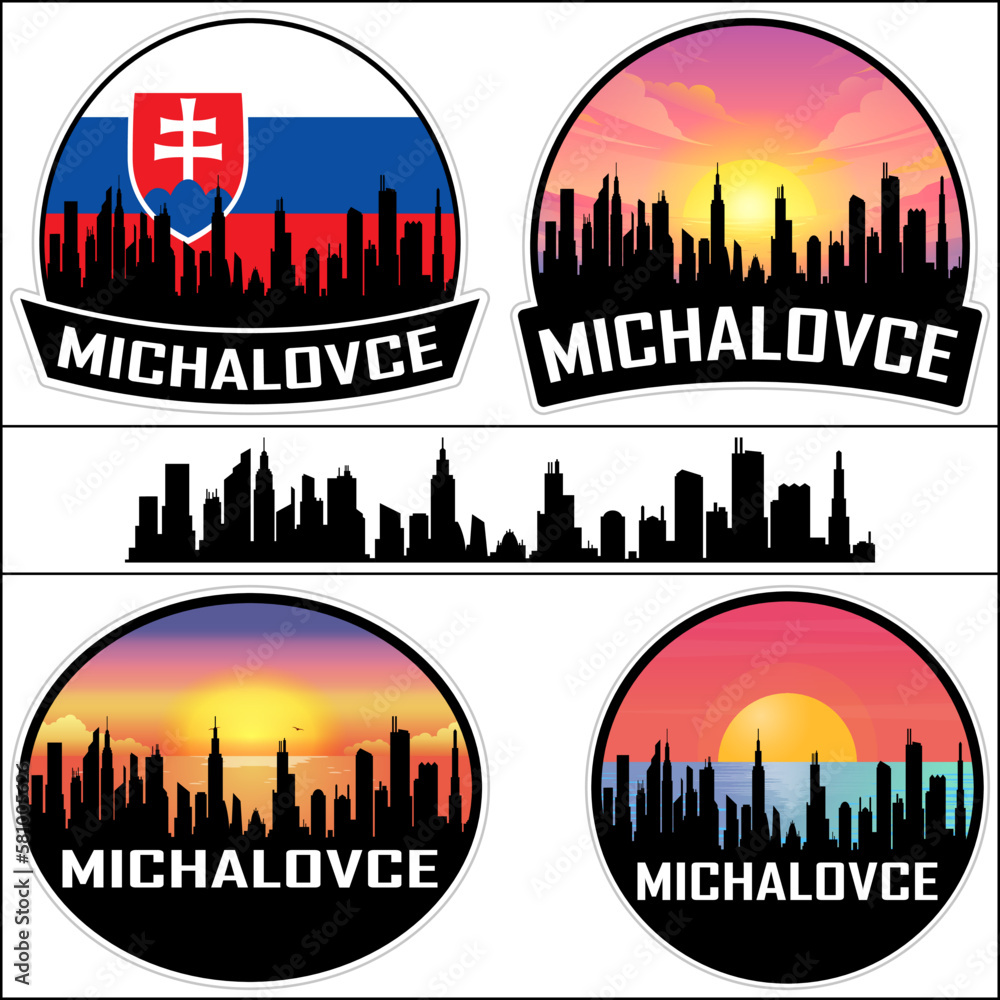 Michalovce Skyline Silhouette Slovakia Flag Travel Souvenir Sticker Sunset Background Vector Illustration SVG EPS AI