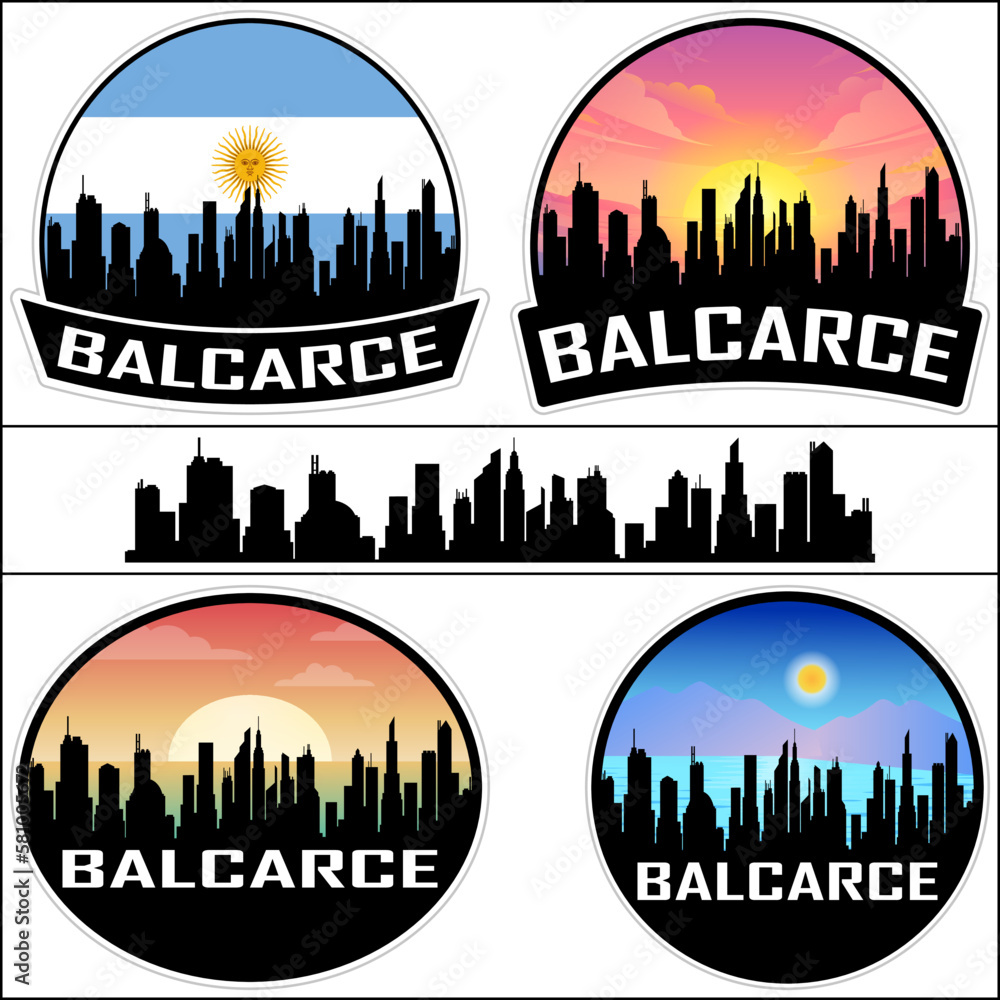 Balcarce Skyline Silhouette Argentina Flag Travel Souvenir Sticker Sunset Background Vector Illustration SVG EPS AI