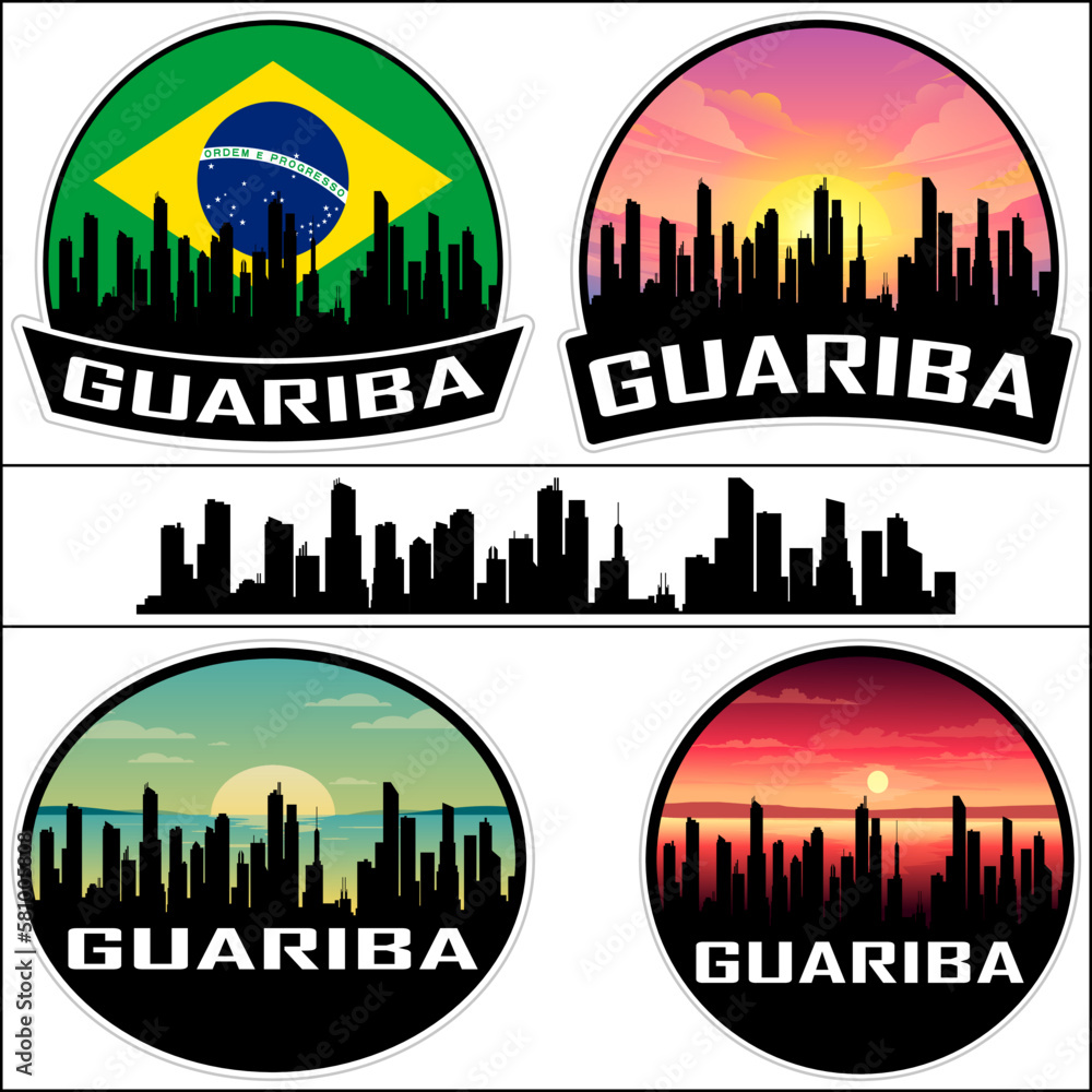 Guariba Skyline Silhouette Brazil Flag Travel Souvenir Sticker Sunset Background Vector Illustration SVG EPS AI