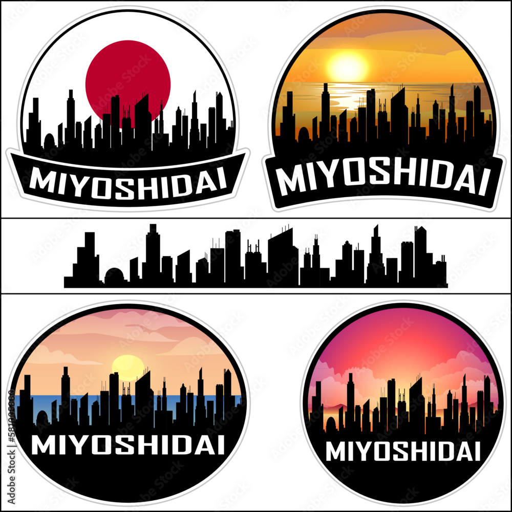 Miyoshidai Skyline Silhouette Japan Flag Travel Souvenir Sticker Sunset Background Vector Illustration SVG EPS AI