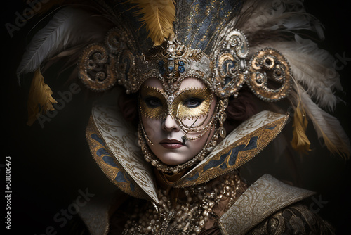  Venetian carnival costume. Venetian carnival mask. Venice, Italy. portrait of a gold and red mask in Piazza San Marco, Created using generative AI tools.