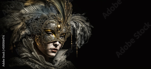  Venetian carnival costume. Venetian carnival mask. Venice, Italy. portrait of a gold and red mask in Piazza San Marco, Created using generative AI tools.