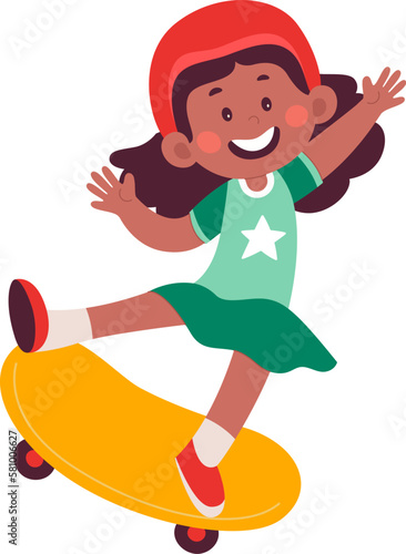 Cheerful kid riding on skateboard flat illustration Wooden skateboard