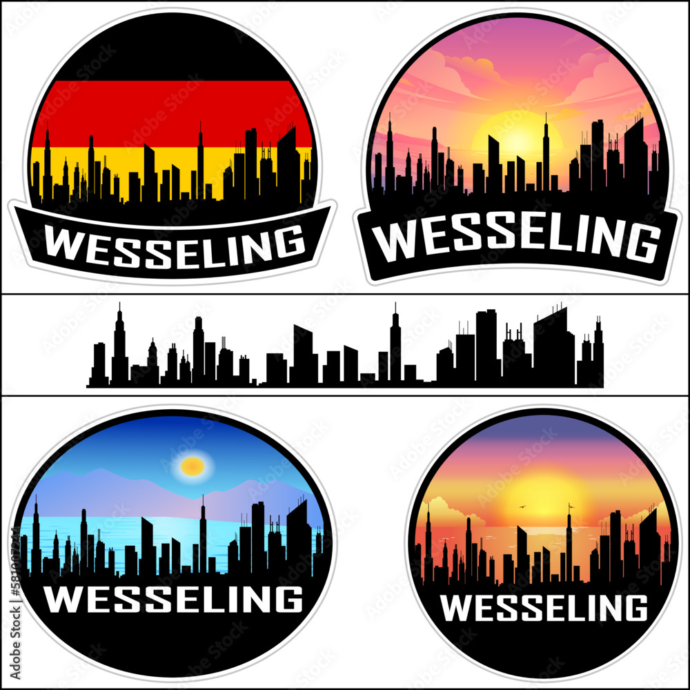 Wesseling Skyline Silhouette Germany Flag Travel Souvenir Sticker Sunset Background Vector Illustration SVG EPS AI