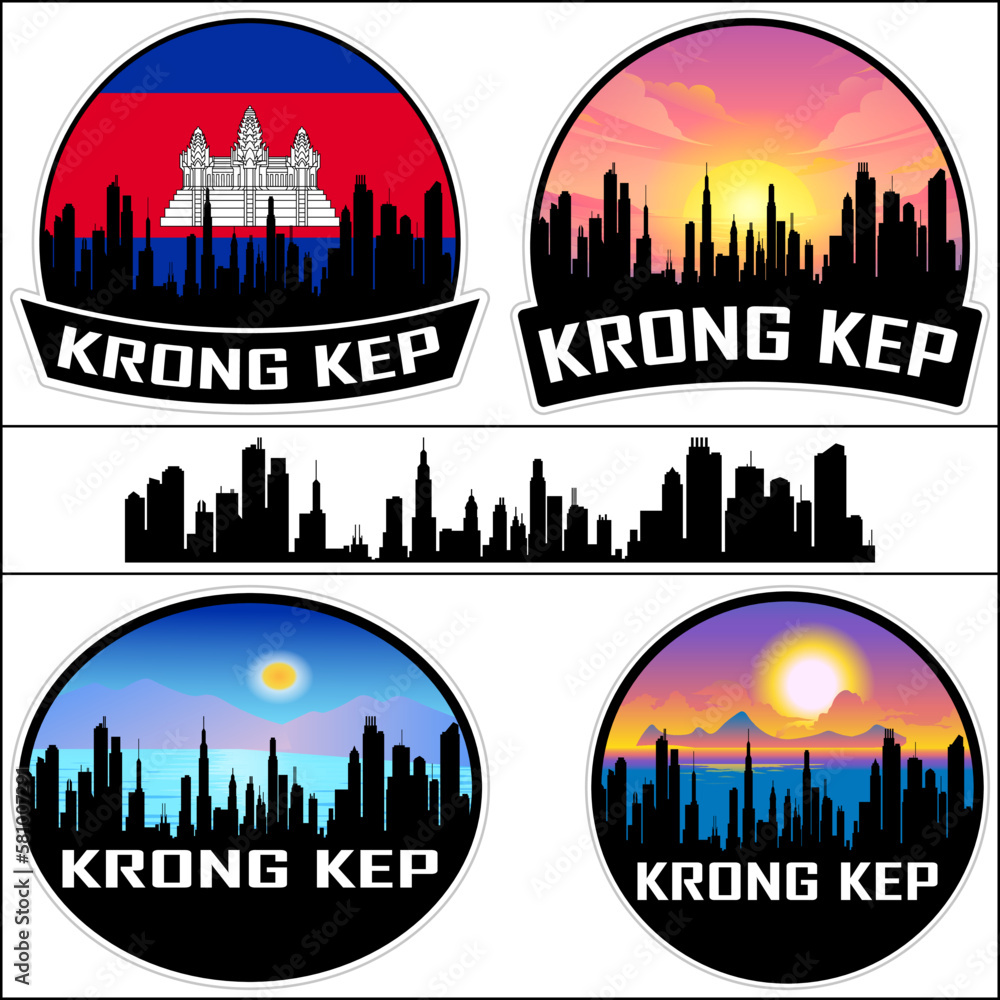 Krong Kep Skyline Silhouette Cambodia Flag Travel Souvenir Sticker Sunset Background Vector Illustration SVG EPS AI