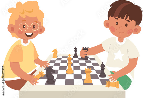 Boys play chess on chessboard