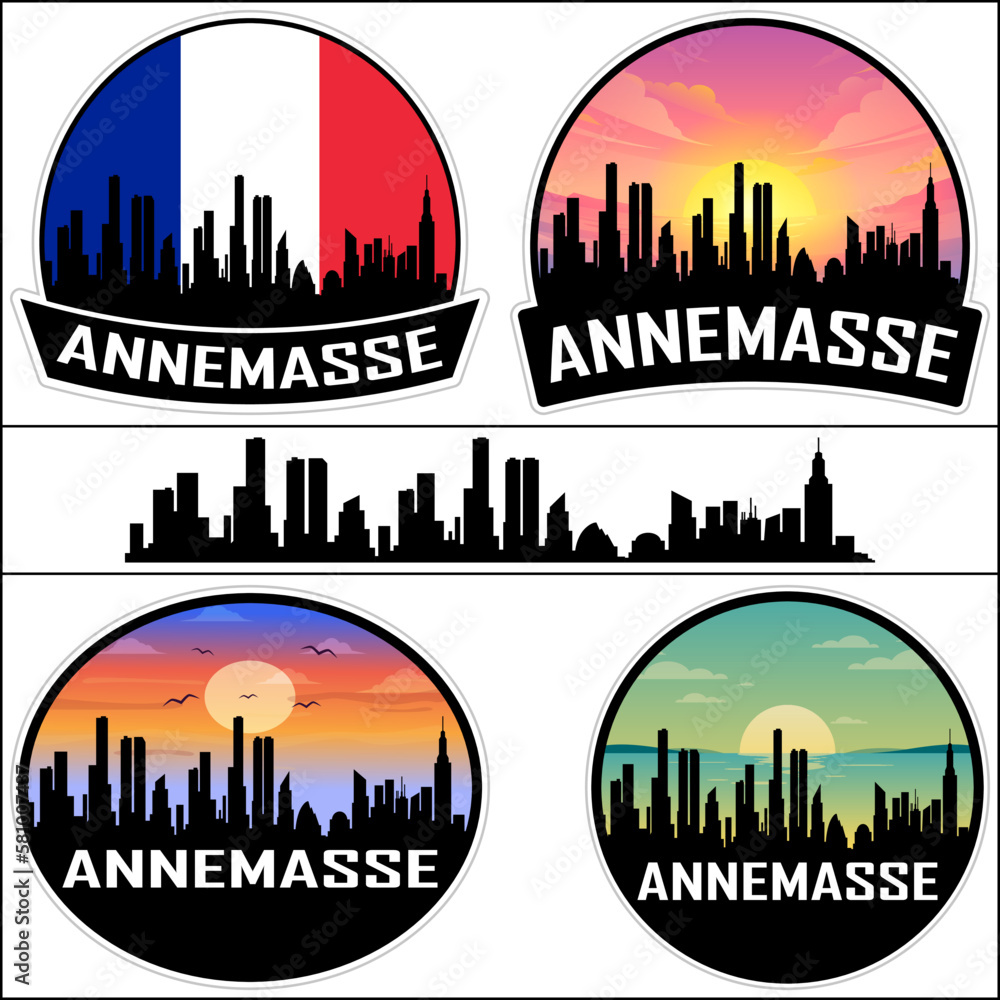 Annemasse Skyline Silhouette France Flag Travel Souvenir Sticker Sunset Background Vector Illustration SVG EPS AI
