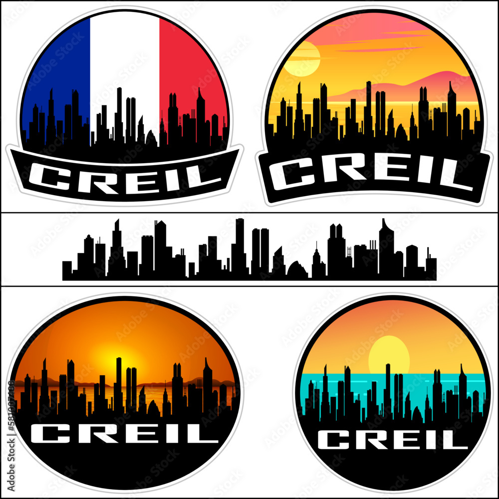 Creil Skyline Silhouette France Flag Travel Souvenir Sticker Sunset Background Vector Illustration SVG EPS AI