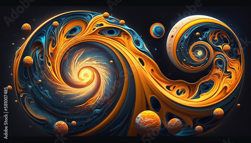 Fantastic spiral space worlds, beautiful wallpaper in yellow and blue colors