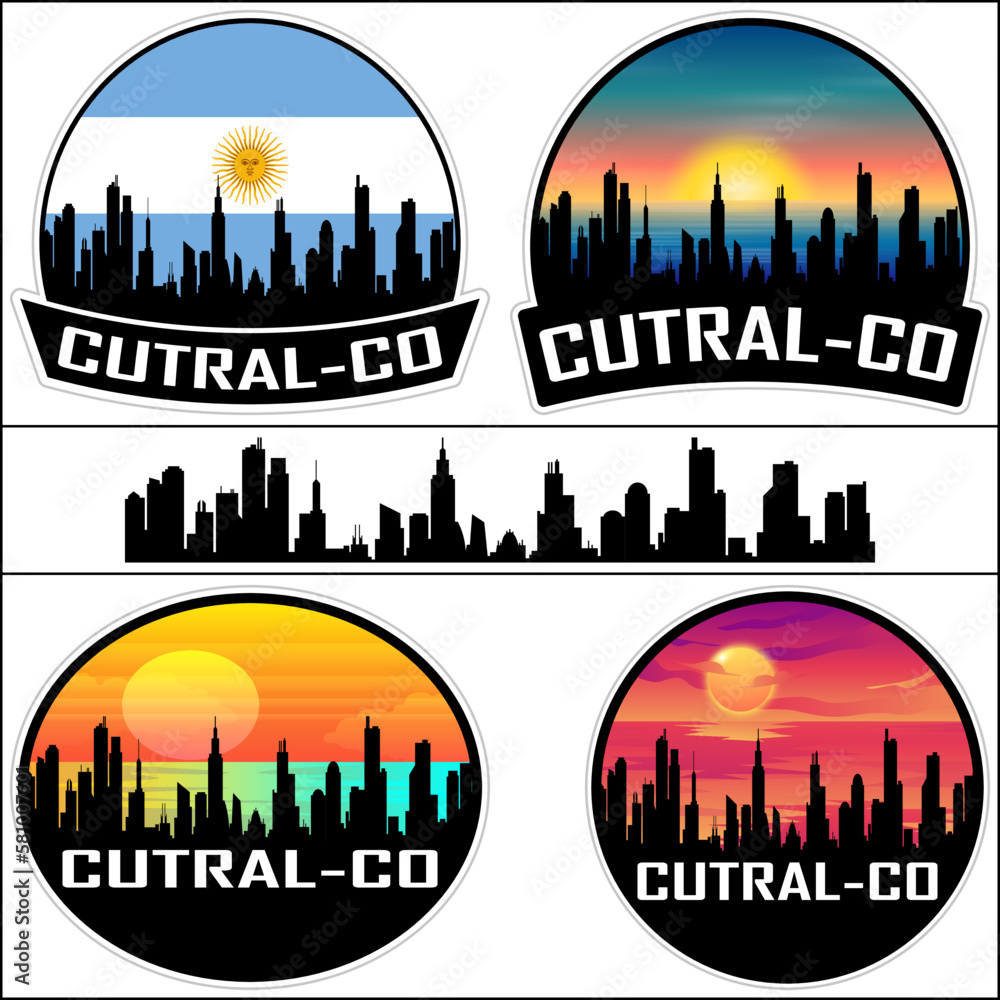 Cutral Co Skyline Silhouette Argentina Flag Travel Souvenir Sticker Sunset Background Vector Illustration SVG EPS AI