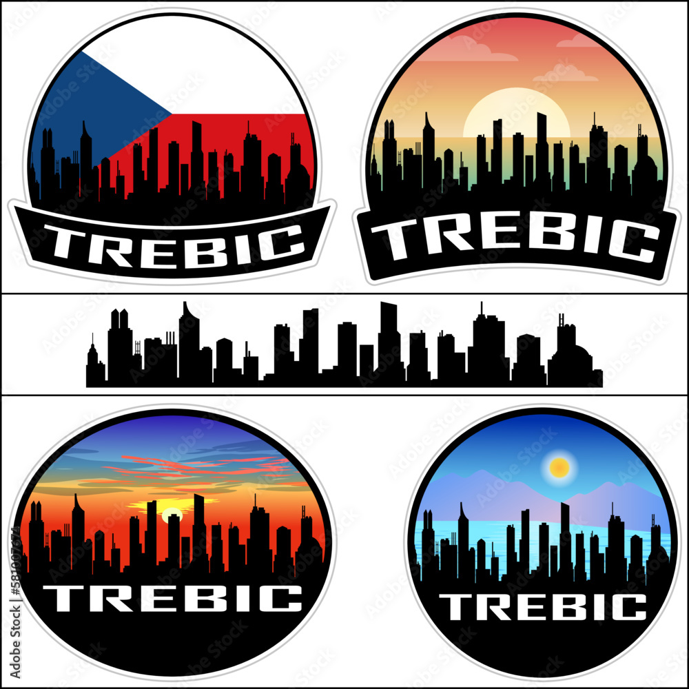 Trebic Skyline Silhouette Czech Flag Travel Souvenir Sticker Sunset Background Vector Illustration SVG EPS AI