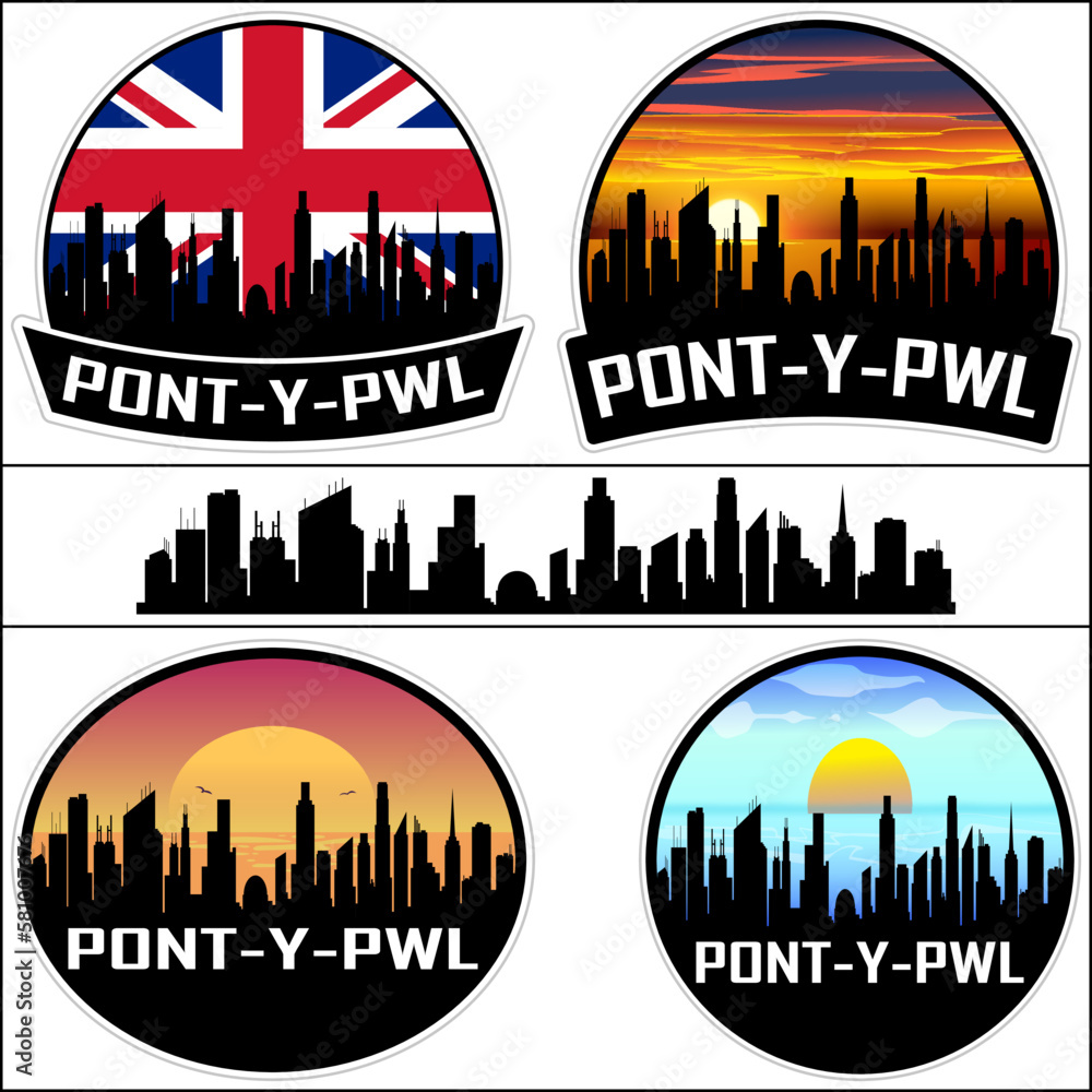 Pont y pwl Skyline Silhouette Uk Flag Travel Souvenir Sticker Sunset Background Vector Illustration SVG EPS AI