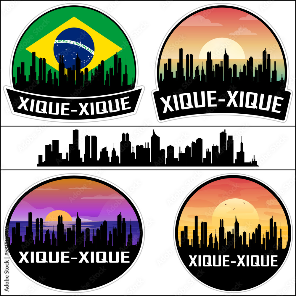 Xique Xique Skyline Silhouette Brazil Flag Travel Souvenir Sticker Sunset Background Vector Illustration SVG EPS AI