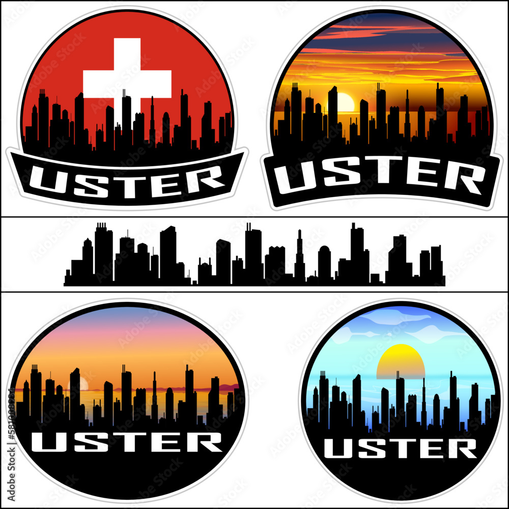 Uster Skyline Silhouette Switzerland Flag Travel Souvenir Sticker Sunset Background Vector Illustration SVG EPS AI