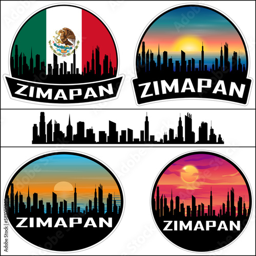 Zimapan Skyline Silhouette Mexico Flag Travel Souvenir Sticker Sunset Background Vector Illustration SVG EPS AI photo