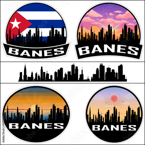 Banes Skyline Silhouette Cuba Flag Travel Souvenir Sticker Sunset Background Vector Illustration SVG EPS AI