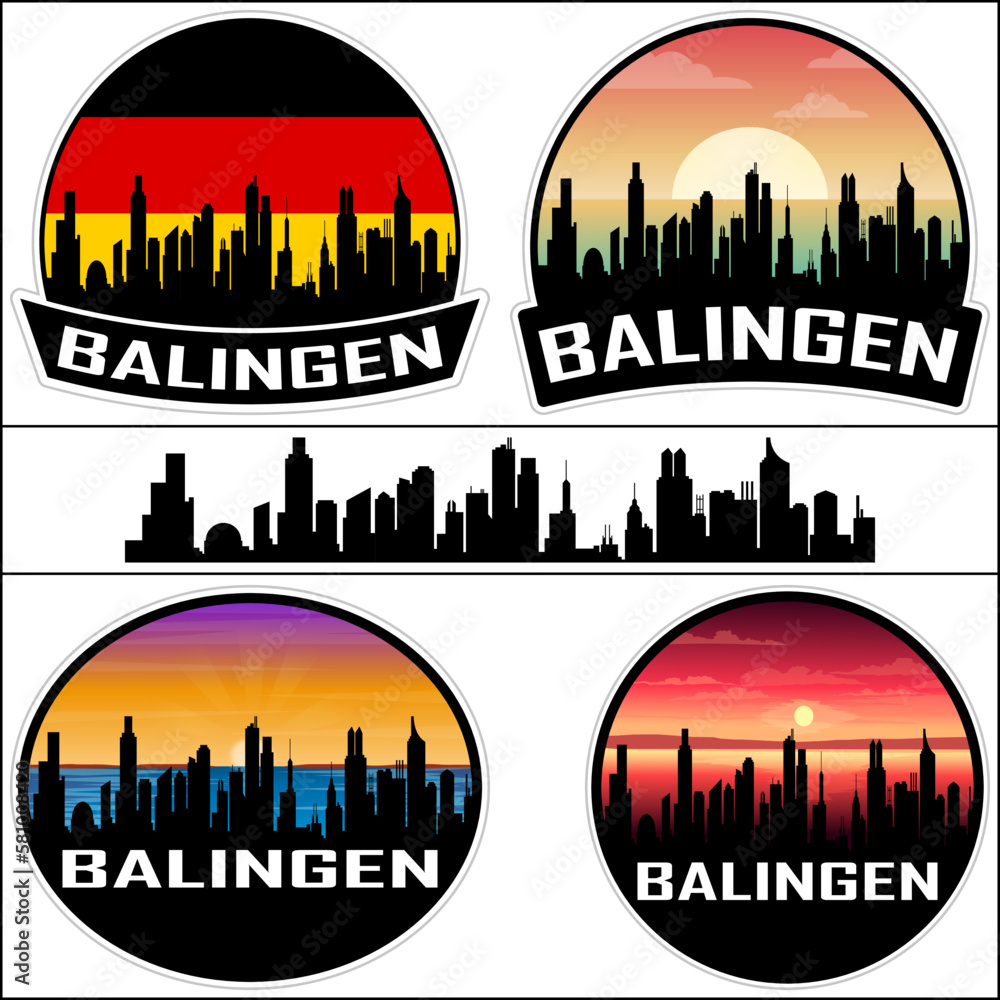 Balingen Skyline Silhouette Germany Flag Travel Souvenir Sticker Sunset Background Vector Illustration SVG EPS AI