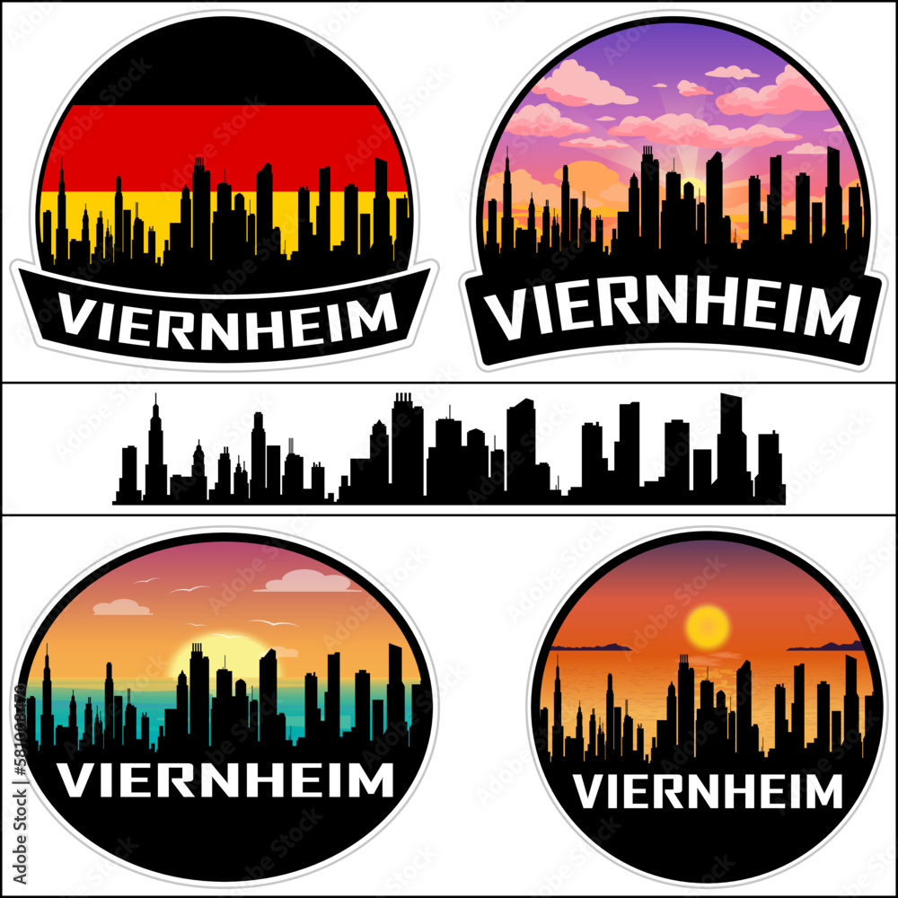 Viernheim Skyline Silhouette Germany Flag Travel Souvenir Sticker Sunset Background Vector Illustration SVG EPS AI