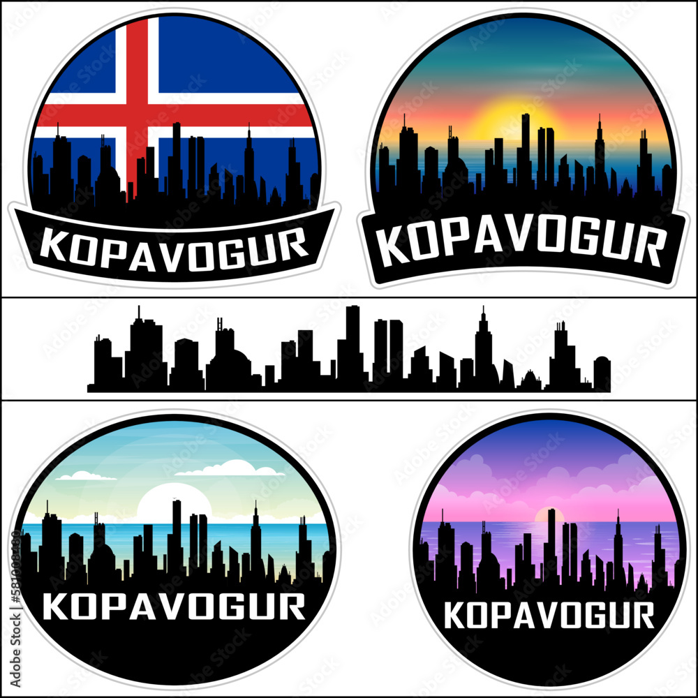 Kopavogur Skyline Silhouette Iceland Flag Travel Souvenir Sticker Sunset Background Vector Illustration SVG EPS AI