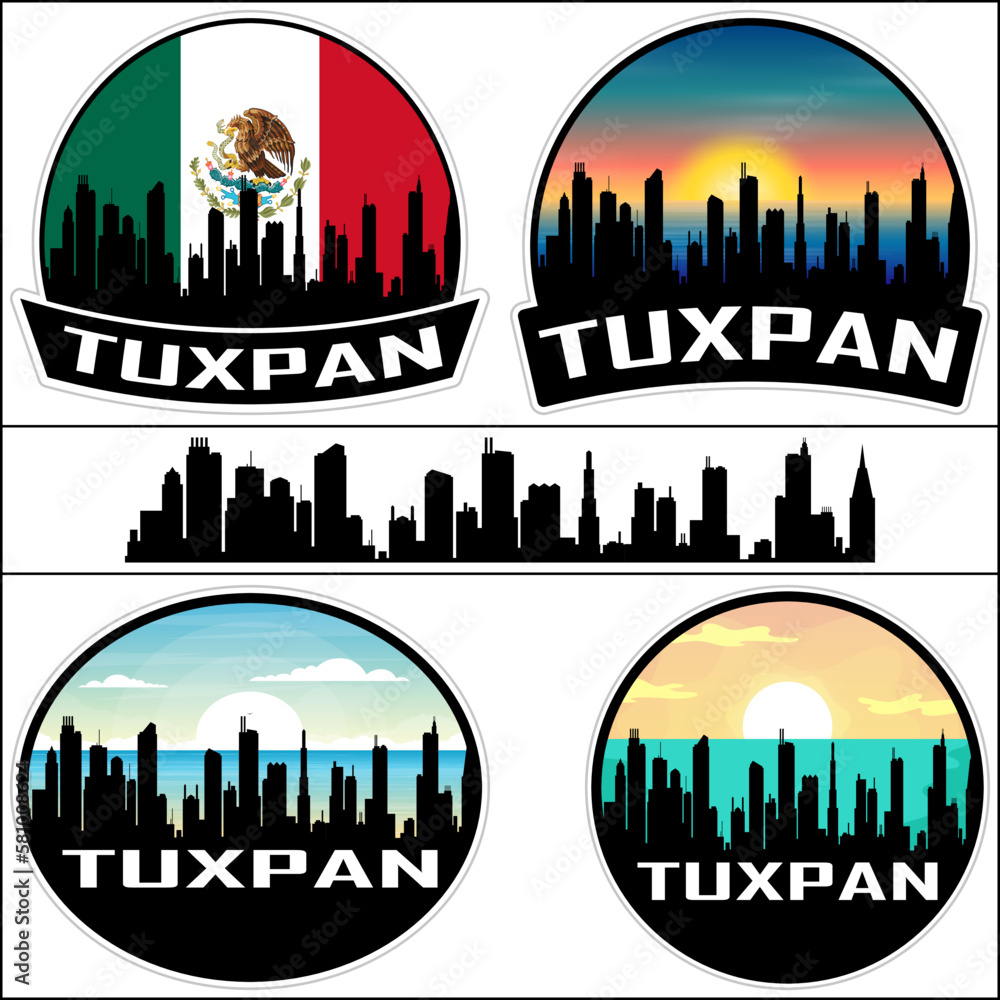 Tuxpan Skyline Silhouette Mexico Flag Travel Souvenir Sticker Sunset Background Vector Illustration SVG EPS AI