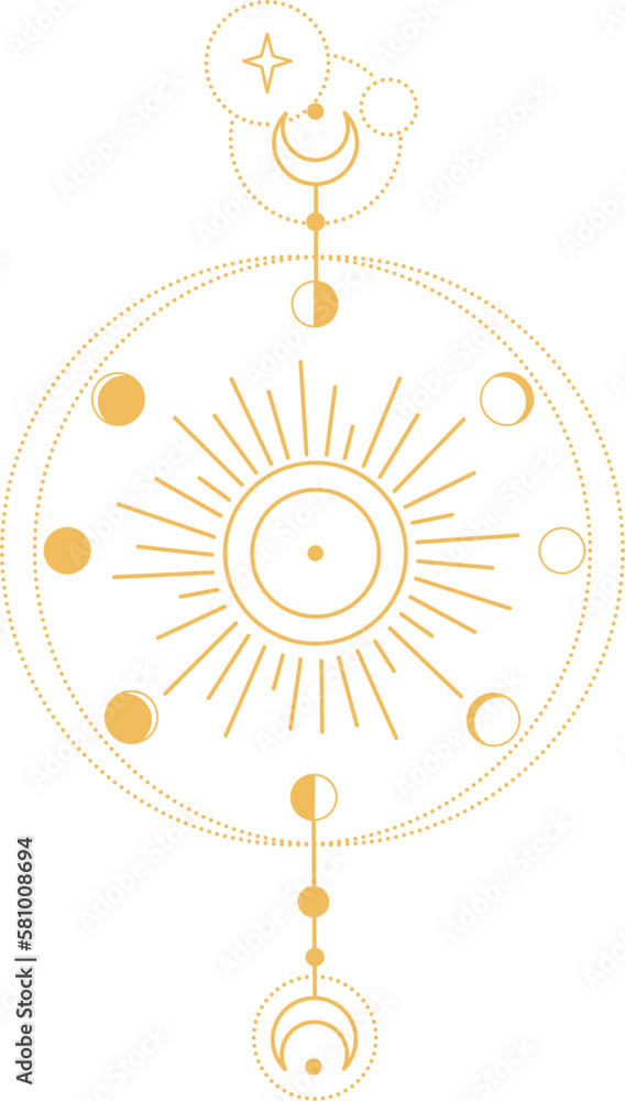 Universal Moon Gold Bohemian Universe Illustration with Moon Phases, Sun and Rays ...