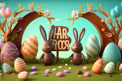 3d Easter banner with chocolate rabbits and beautifully painted eggs. Concept of Easter egg hunt or egg decorating art, AI genertaed photo